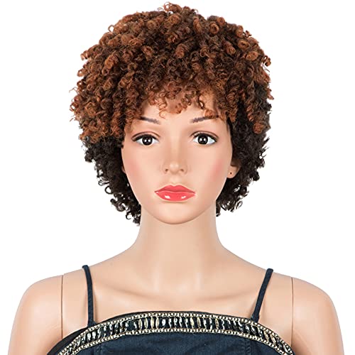 NOBLE GIRL Curly Wig with Bangs Short Kinky Curly Afro Wigs for Black Women Soft Fluffy Synthetic Ombre Brown Curly Afro Wig (9 Inch, Reddish Brown)