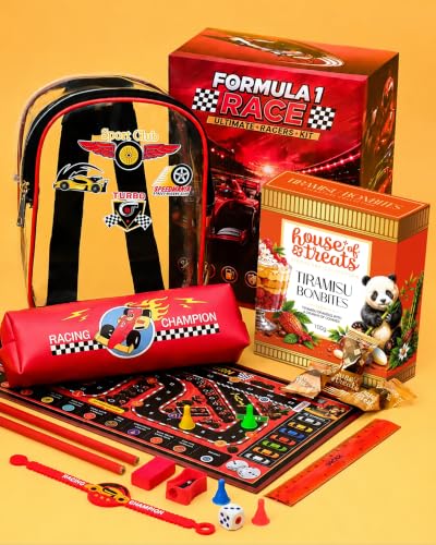 Image of Hyperfoods Car Rakhi for Kids Boys Rakhi Gift Hamper with 100g Bon Bites Chocolates Racing Car Game Set Stationery Kit Rakhi Set for Brother Kids Gift Hamper for Kid Net WT 490gm (Gross Wt. 680g)
