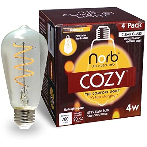 NorbCOZY 4W Vintage-Style ST19 LED Bulb. Unique Candle/Fire-Light Spectrum for Peace & Comfort. Use Upright or Pendant, Clear Glass, Standard Base, 2 ¼” x 3 7/8” Long Inserted, Dimmable (4-Pack) Cover