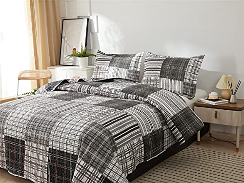 Queen Size Quilt Set Bedding Plaid Patchwork Bedspread Set Soft Lightweight Quilt Bedspread Bedding Black White Grey Plaid Stripe Modern Quilts Patchwork Coverlet Mens Home Quilt For Queen Bed #TOP1