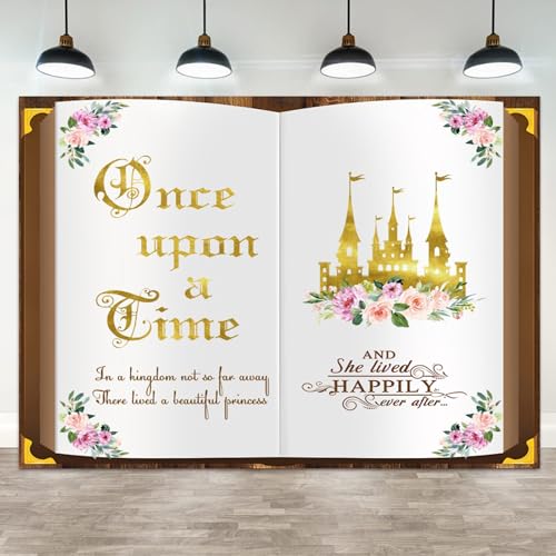 ASDCXZ 10x6.5ft Once Upon a Time Backdrop Fairy Tale Book Princess Castle Happily Ever After Floral Storybook Background for Birthday Wedding Baby Shower Bridal Shower Party Decor Photo Booth Props