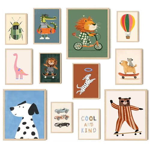 Aroutde 12Pcs Cartoon Animal Canvas Wall Decor Nursery Room Playful Animals Prints Modern Artwork for Kids Room Playroom Decor (Unframed)