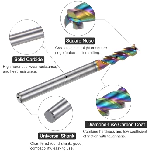 Image of uxcell Carbide Square End Mill, 1 /8 inch Diameter Diamond-Like Carbon Coated 3 Flutes Milling Bit Cutter, for Aluminum Copper Non-Ferrous Metal, 1 /8 inch Shank 1 /2 inch Cut Length 1-1 /2 inch Long HRC50