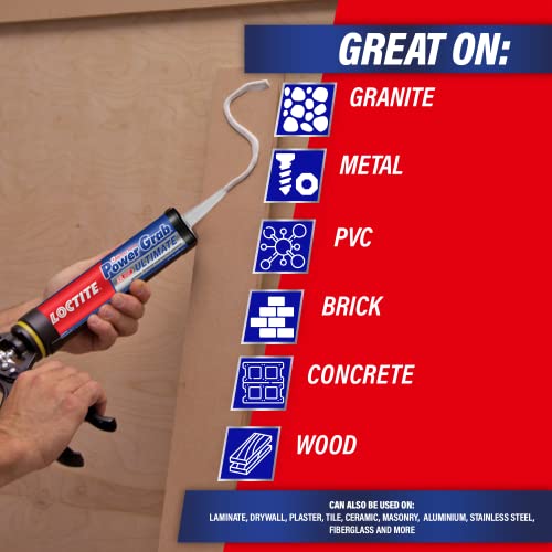 Image of Loctite Power Grab All-Purpose Construction Adhesive, high strength, high tack, gap-filling adhesive, No-nails and screws, Bonds to wood, MDF, concrete, glass, marble, granite, stone,brick,etc, 460g