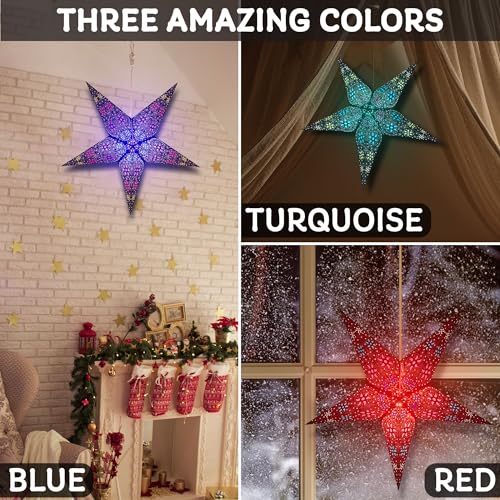 Image of GalaxyArts Paper Star Lanterns, 24 Inch Red Chakra 3D Light-Up Hanging Lamp, Handcrafted Hollow Out 5-Point Star Decoration for Christmas, Wedding, Birthday, Parties, Indoor Outdoor Holiday Home Decor