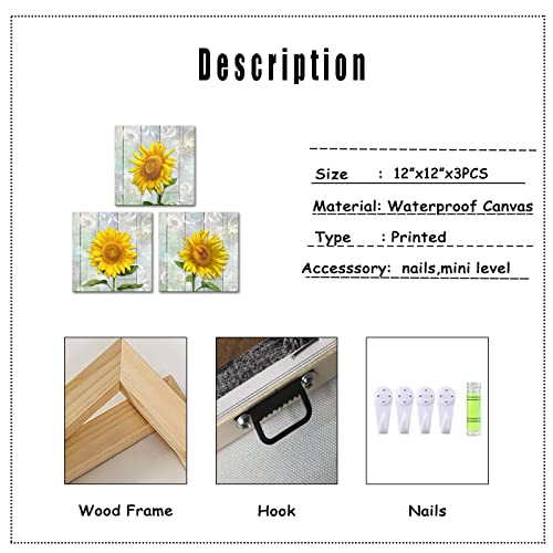 Tiuauit Sunflower Kitchen Decor Canvas Art Yellow Flower Picture Rustic Artwork Floral Prints Stretched And Framed Ready To Hang For Home Decoration 12"X12"X3Pcs #TOP4