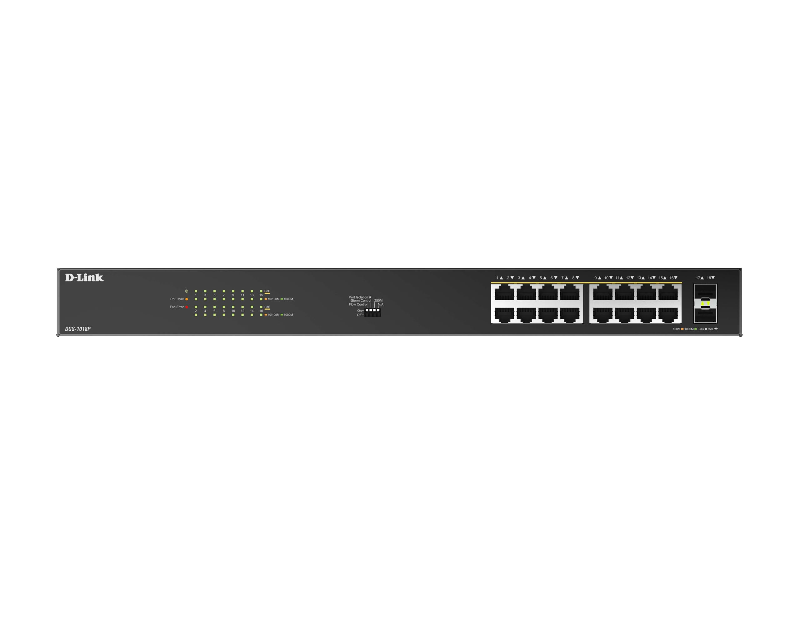 D-Link DGS-1018P Switch PoE Gigabit de 18 Puertos – sin gestión, 16 Puertos PoE+ (30W Puerto, 240W Budget), 2 Uplinks SFP Enlaces Fibra, Kit Montaje en Rack, IEEE 802.3af/at