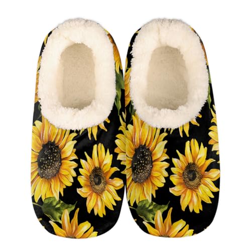 Watercolor Sunflowers Black Slippers for Women Slipper Socks Soft Fuzzy House Slippers Shoes for Indoor Bedroom, Winter Cozy Christmas Gifts