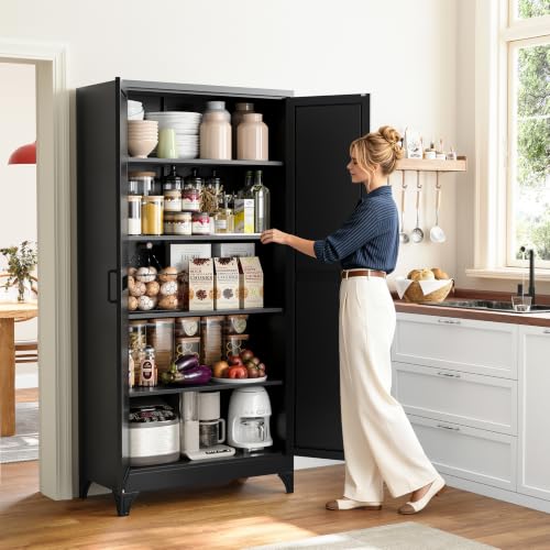 Image of Yizosh 75 inch H Tall Metal Kitchen Pantry Storage Cabinets Cupboard