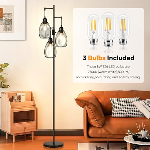 Image of Dimmable Floor Lamp, 3 x 800LM LED Edison Bulbs Included, Farmhouse Industrial Floor Lamp Standing Tree Lamp with Elegant Teardrop Cage Tall Lamps for Living Room Bedroom Office Dining Room-Black