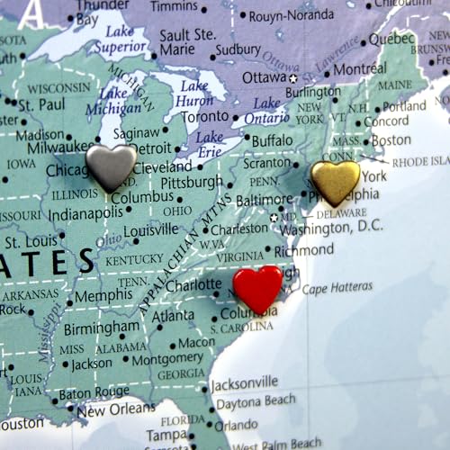 Image of Mini Silver Heart Push Pins - Mini Silver Metal Heart Map Pins - for Cork Board, Maps, or Lapel Pin Use - Designed in USA - Set of 20