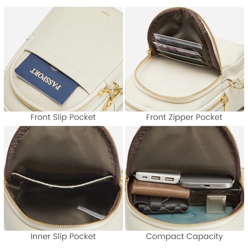 Image of Kattee Sling Bag for Women, Leather Crossbody Bag for Travel, Beige | Top Grain Pebbled Leather. RFID back pocket, small chest bag fit 6.9-inch phone, fanny pack with adjustable strap.
