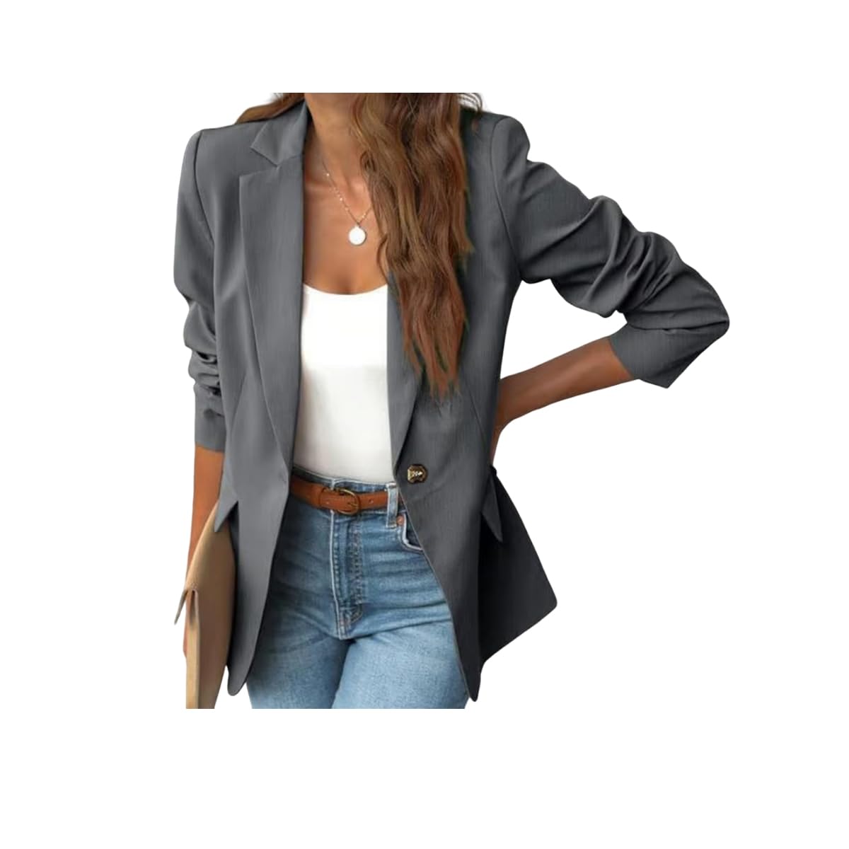 Womens Minimalist Solid Button Lapel Collar Blazer Jackets for Women Trendy Business Casual Outfits for Women