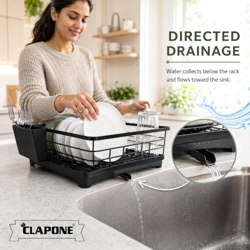 Image of CLAPONE 1 Tier Dish Drying Rack for Kitchen Countertop, Large Dish Drainer with Drainage Spout, Utensil Holder, Plate & Cup Storage Rack, Countertop Utensils Organizer Black (42x29x16 CM)