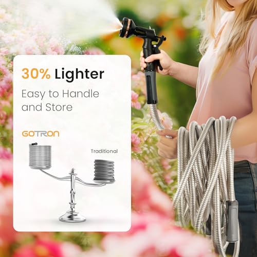Gotron-Water-Hose-100-ft-Heavy-Duty-Metal-Garden-Hose-with-9-Function-Spray-Nozzle-Lightweight-Kink-Free-and-Drinking-Water-Pipe-for-RV-Outdoor-Yard-100ft-x-58-Female-to-Male
