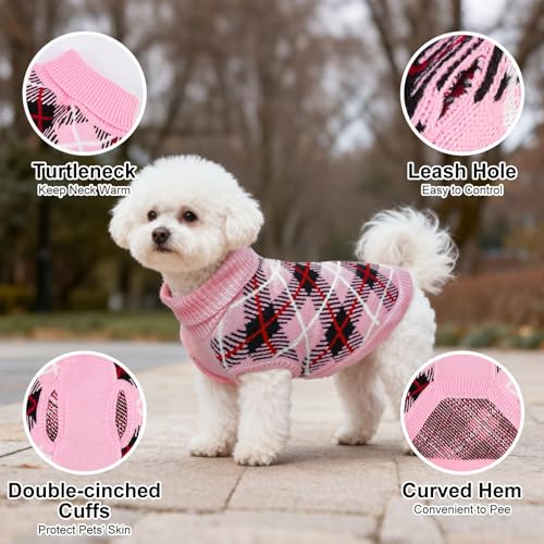 Image of BEAUTYZOO Small Dog Sweater, Plaid Knit Winter Clothes with Harness Hole | Turtleneck Pullover Fall Knitwear for Girl Boy Puppy, Fuzzy Fleece Cold Weather Coat Female Male, Warm Sweatshirt, Pink SM