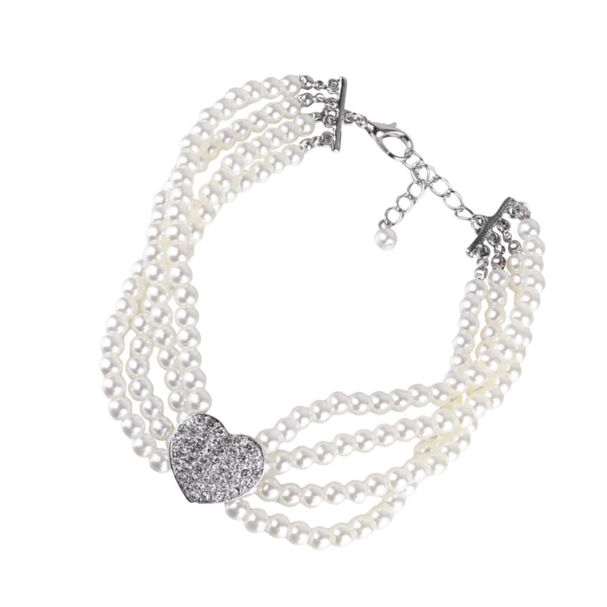 BESPORTBLE Pet Pearl Necklace Four Row Heart Design Fashion Jewelry for Dogs and Cats White Pearl and Crystal Charm Pendant