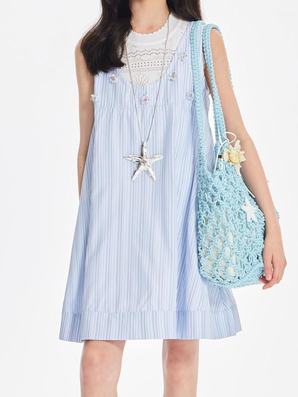 Girls Blue Striped Dress with 7 Sequin Flowers, Sparkly Casual & Party Dress for Girls 10-11years2