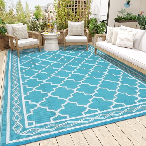 Garvee Outdoor Rug 8 x 10 Patio Waterproof, Foldable Reversible Plastic Straw Area Rugs Mat for Camper Decor, Outside Carpet for Rv, Deck, Porch, Picnic, Beach, Balcony (Light Blue/White) Li
