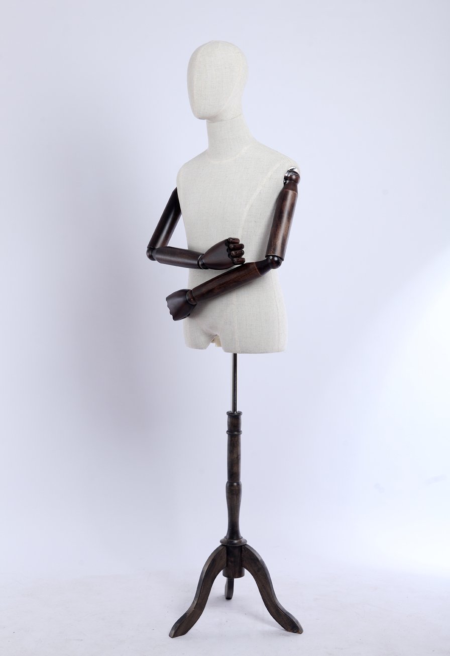 Manichino da sarto, fodera in lino, parte superiore del corpo e testa, braccia e dita in legno, regolabile a piacere, supporto in legno scuro (A-9-T-G maschio)
