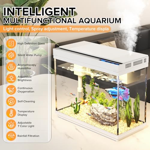 Image of Vehipa Betta Fish Tank 2.4 Gallon HD Glass Aquarium Starter Kits | with 3 in 1 Quiet Filter, Humidifier, 7 Color Lights, Temperature Display