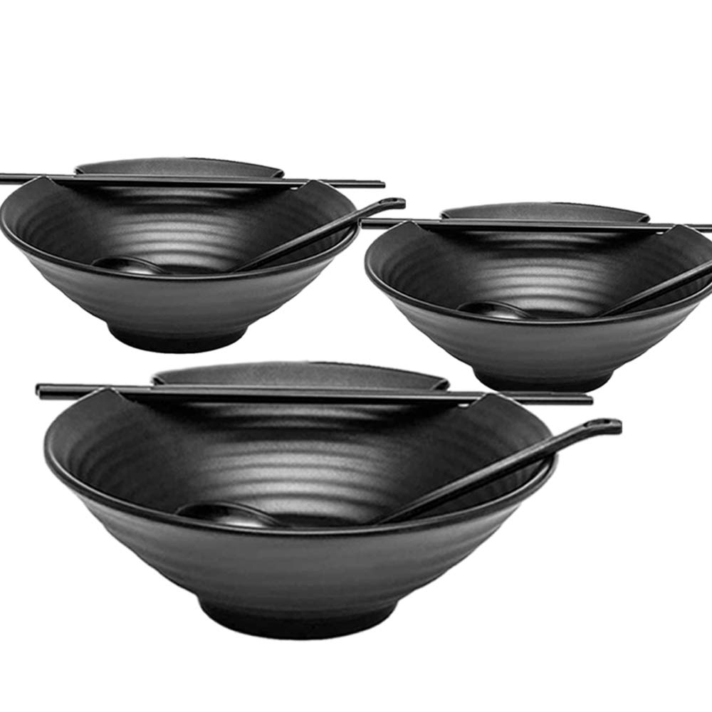 Genérico Juego de 3 tazones japoneses para Sopa de Fideos Ramen de 37 onzas, de melamina, de plástico Duro, con Cuchara y Palillos a Juego para tazones de Fideos asiáticos Udon Soba Pho y Cereales.