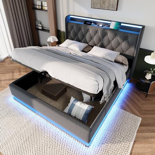 Cayipng Cama de matrimonio de 160 x 200 cm con contenedor y LED y USB tipo C, cama acolchada, cama de una plaza y media, cama de matrimonio y estructura de cama de matrimonio gris