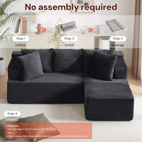 Image of Korser Boneless Couches for Living Room, Cloud Couch Sectional with Ottoman, L-Shaped Sofa with Fluffy Comfy Corduroy Deep Seat, Bedroom, Apartment, No Assembly Required