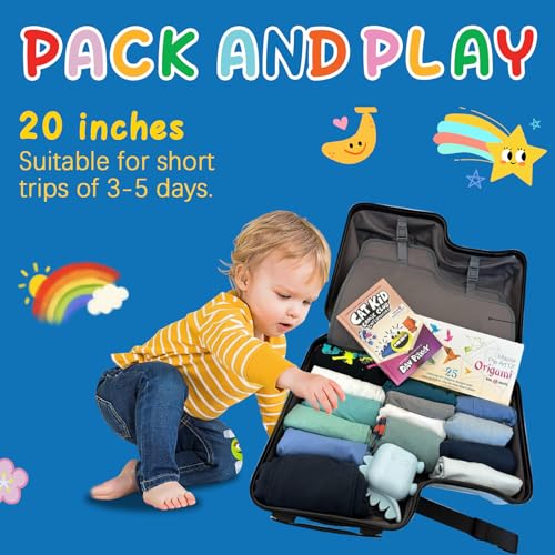24 Inch Ride on Suitcase for Kids, Handheld Toddler Luggage with Wheels, Riding Rolling Luggage with Safety Belt to Kids Aged 6-12 Years Old (Yellow)2