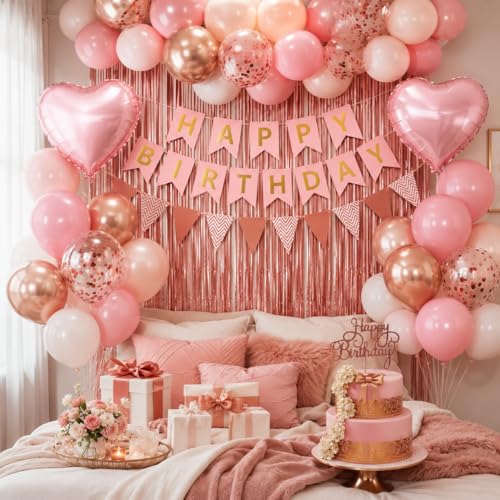 Image of Dusty Pink Birthday Decorations, Pink Rose Gold Sand Birthday Balloons Set