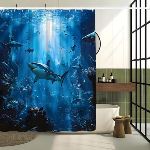 LMMRLM Shark Shower Curtain Navigation Sea Animal Blue Underwater World Fish Wildlife Summer Tropical 3D Blue Mysterious Ocean Decor Curtain 70 Wx70 H Polyester Fabric