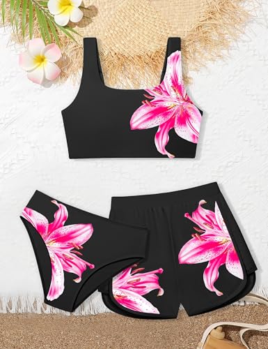 Image of Girls Swimsuit 3 Piece Bathing Suit Criss Cross Bikini Set Girls' Swimwear with Shorts 7-16T