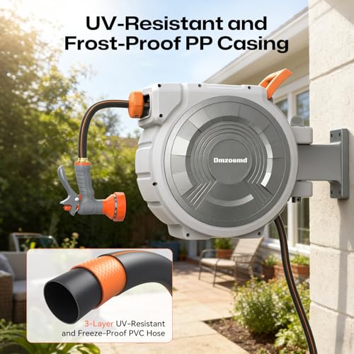 Retractable Garden Hose Reel, 1/2 Inch x 85 ft Wall Mounted, Heavy Duty Garden Hose Reel with 9 Patterns Nozzle, Any Length Lock, Upgraded Slow Return System and 180°Swivel Bracket (1/2" 85FT) by Dmzosmd - Used condition - Image 5