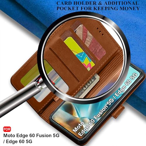 Image of TheGiftKart Flip Cover Back Case for Motorola Moto Edge 60 Fusion 5G / Moto Edge 60 5G | Genuine Leather Finish | Designer Button | Inbuilt Pockets & Stand | Flip Back Cover Case (Faux Leather, Brown)