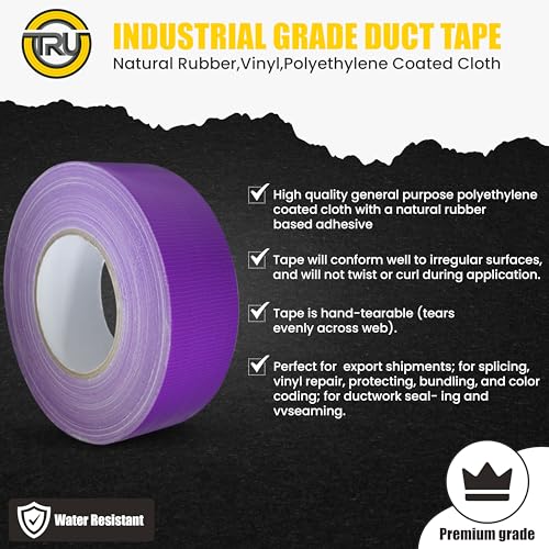 Image of T.R.U. Set of 2 Purple Durable Duct Tape Rolls, 11 Mil Thickness, 2 Inches by 30 Yards, High Strength, Flexible, No Residue, Water-Resistant and Tearable by Hand, Versatile for Indoor and Outdoor Use
