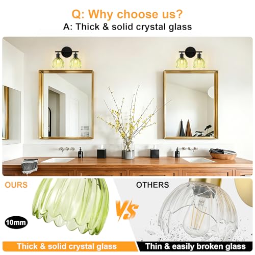 Image of Bathroom Light Fixtures, 2-Light Black Vanity Lights for Bathroom with Green Tulip Glass Shade, 12 inch Vintage Bathroom Vanity Lighting Fixtures Over Mirror for Bedroom Living Room Hallway