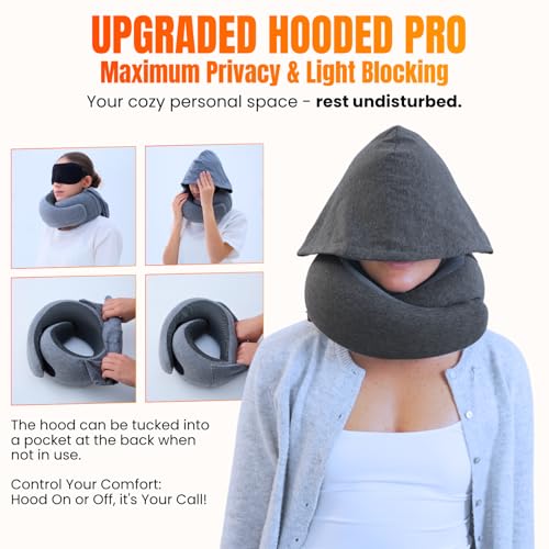 Image of LOEXAIR Hooded Pro Travel Pillow - Memory Foam Neck Support Pillow for Airplane, Flight - Super-Soft Pure Cotton Fabric, Maximum Privacy & Light-Block Design, Lightweight Full Travel Kit - Dark Grey