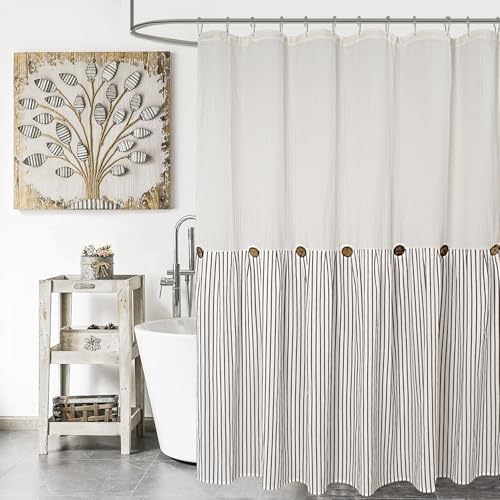 DOSLY IDÉES Farmhouse Shower Curtain,Beige and Brown Striped,Button Curtain,Spa Waffle