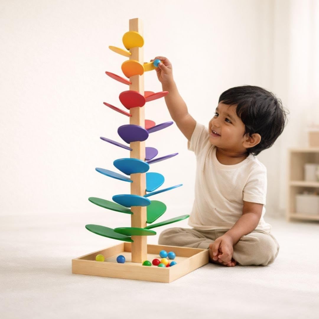 Wooden Rainbow Marble Run Tree Toy with Colourful Rolling Balls, Montessori Educational Wooden Ball Drop Track, Rainbow Tree Sound Toy for Kids, Hand Eye Coordination Learning Toy,-image-27