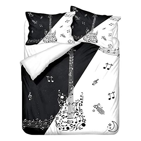 Hiser Duvet Cover Set 3 Pieces - 3D Music Guitar Note Printed Bedding Sets for Boy Girl Bedroom Single Double King Bed, Microfiber Quilt Case with Pillowcases (Black white,200x200cm) Cover