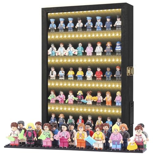 Minifigure Display Case – Black 16″ × 11″ × 2″ Showcase Cabinet with LED‑Lit Shelves, Mini Figurines Display Case with Built‑in Feet, Battery‑Powered, Cord‑Free Collection Display