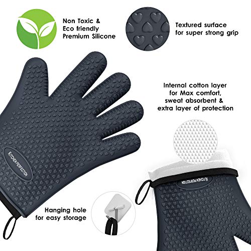 Image of KITCHEN PERFECTION Silicone Smoker Oven Gloves -Extreme Heat Resistant BBQ Gloves -Handle Hot Food Right on Your Smoker Grill Fryer Pit|Waterproof Oven Mitts Grill Gloves |Superior Value Set+3 Bonuses