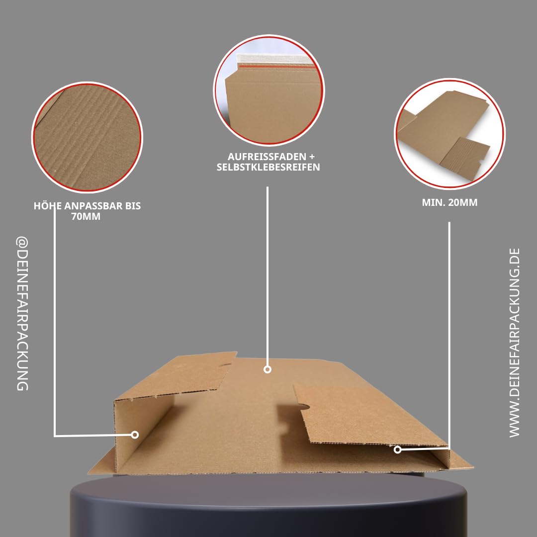 DeineFairpackung - 100 Stück Buchverpackung Din C5 Wellpappe selbstklebend in Braun - Größe 245x165x70mm mit variabler Füllhöhe - Buchverpackung aus Karton für Büchersendung reißfest