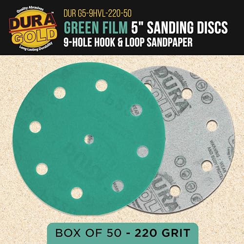 Dura-Gold Premium 220 Grit 5\" Green Film Sanding Discs, 9-Hole Pattern, Box of 50 - Heavy-Duty Dustless Hook & Loop Backing Sandpaper for DA & Random Orbital Sanders, Sand Auto Paint, Wood, Furniture - Thumbnail 2