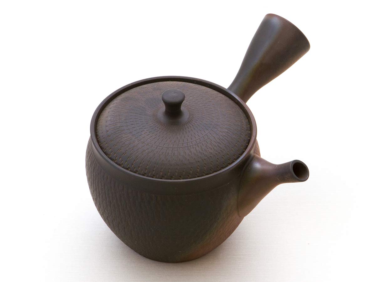 Japanische Teekanne Sendan Kaku, Keramik Kyusu Tokoname Japan. Schwarz. Integriertes Tee-Sieb, Nicht glasiert