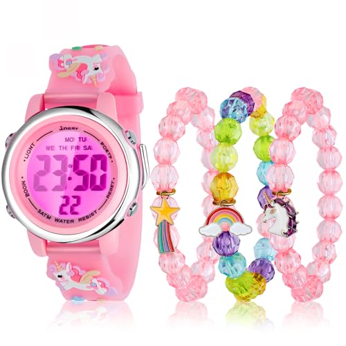 NEWITIN 4 Pieces Girls Watch Bracelets Set Multifunctional 7 Color Lights Digital Sport Alarm Stopwatch 3D Waterproof Unicorn Watch Jewelry Set for Girls 3-10 Years Old Kids