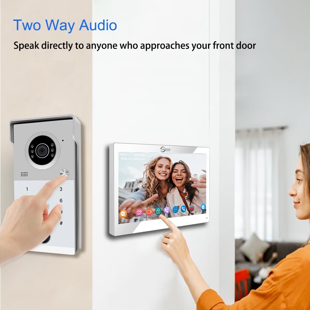 Videocitofono cablato per appartamento, monitor touch da 7 pollici con campanello 1080P, sblocco password scheda RFID con impronte digitali, monitoraggio per casa villa