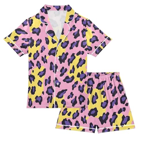 ALAZA Yellow Leopard Print Pajamas Satin Pajama Set Short Sleeve Button Down Sleepwear