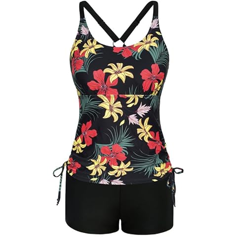 Floral Print Tankini Swimsuit with Drawstring Cover