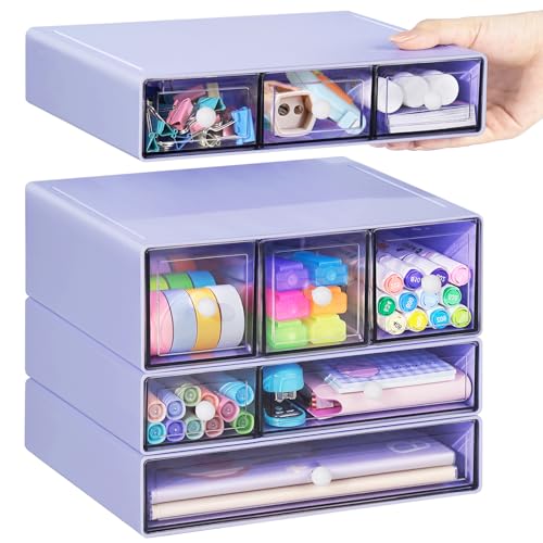 Desk Storage Organizer with 9 Drawers,ToyaJeco 4 Tiers Stackable Desktop Craft Storage Drawers, Clear Storage Box Caddy for Stationary Makeup Jewelry Office Craft Supplies (Purple)